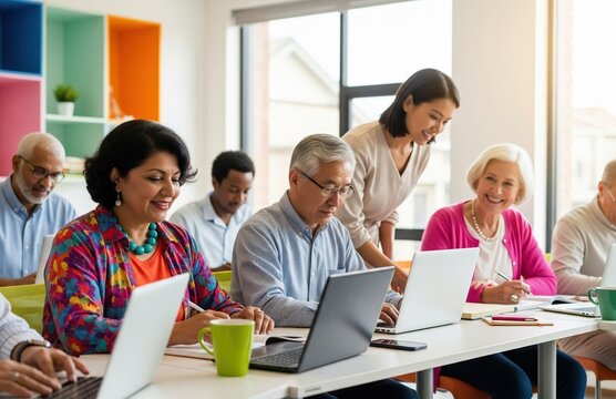 Senior learners in tech classroom setting engaged in studying with laptops under guidance from teacher promoting lifelong digital learning