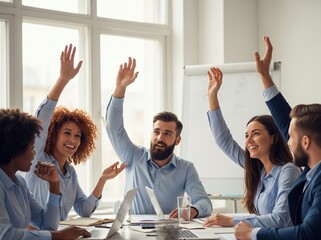 Office workers participate in team discussion raising hands to vote or contribute ideas during workplace engagement session with colleagues