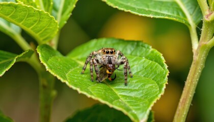Fototapeta premium Jumping spider capturing prey on leaf garden macro photography nature close-up wildlife observation