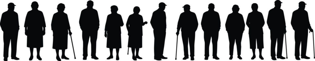 Silhouettes of elderly people standing in a row, walking sticks, senior citizens, retirement, aged men and women, isolated white background