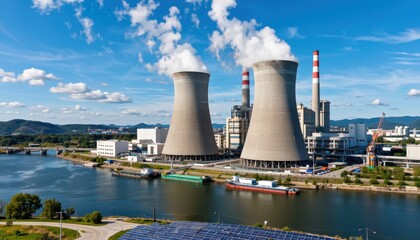 Power plant operations industrial site aerial view urban environment energy production concept