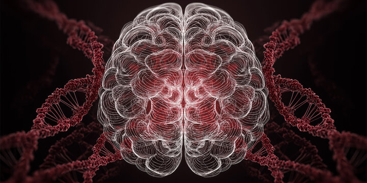 Glowing brain connected to DNA strand symbolizing genetic neuroscience
