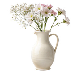Cream ceramic pitcher holding a bouquet of delicate white and pink flowers on a black background