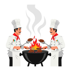 Culinary Collaboration: Two chefs, masters of the culinary arts, team up at a sizzling barbecue, turning juicy patties on the grill amidst dancing flames and billowing smoke.