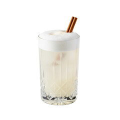 Frothy white cocktail with cinnamon stick garnish