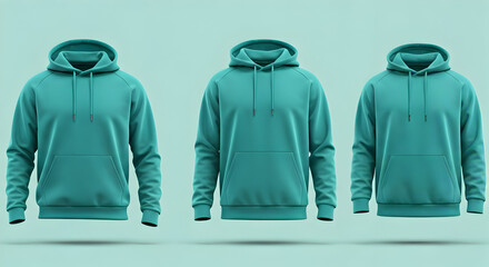 Three minimalist teal hooded sweatshirts displayed on a matching background. Perfect for apparel mockups product showcase and website design.
