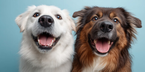 Two happy dogs posing together in studio against blue background
