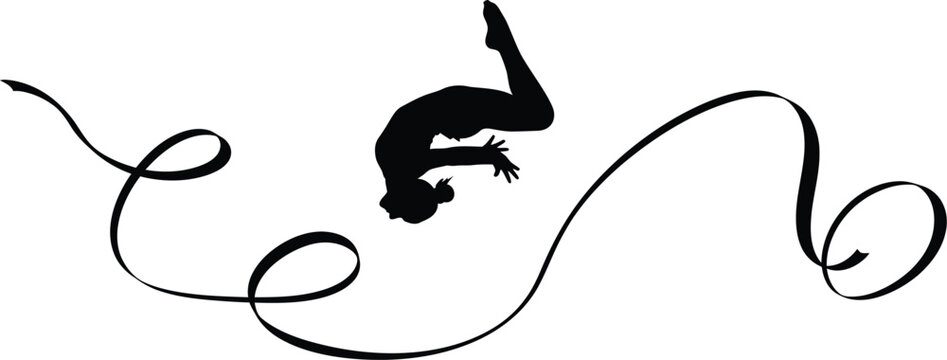 Silhouette of a gymnast performing a backflip with a ribbon isolated on white background