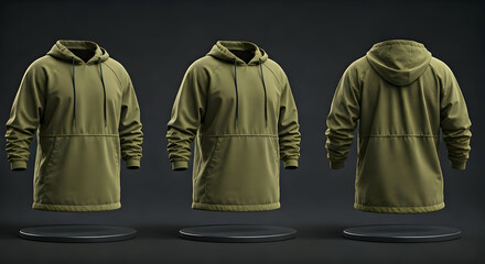 Naklejka premium Olive green anorak hoodie displayed from multiple angles practical for outdoor activities and everyday casual wear. This comfortable pullover features a drawstring hood and a large front pocket.