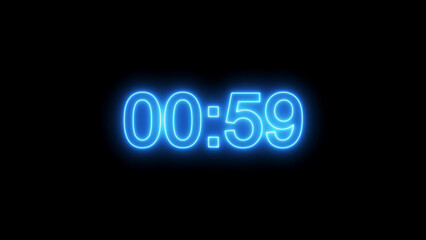 Neon blue digital timer showing 00:59 on black background