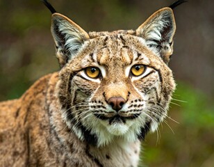 Fototapeta premium Bobcat in winter snow, natural habitat, and front-facing portrait
