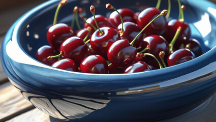 Luscious ripe cherries glistening in a deep blue bowl, a vibrant summer fruit bounty ready for enjoyment and healthy eating.