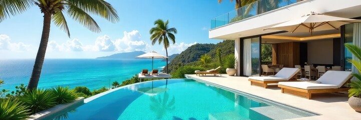 Fototapeta premium Luxury holiday villa with private pool, spacious terrace, and stunning ocean views Perfect for a relaxing getaway or family vacation Enjoy the sun-drenched paradise , vacation rental, barbeque