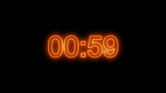Orange neon digital timer displaying 00:59 on black background