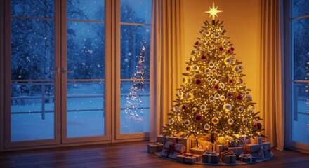 A Glowing Christmas Tree's Warmth Against the Quiet, Snowy Blue Night Outside