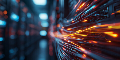 Close-up of glowing fiber optic cables transmitting high-speed data in a futuristic network environment
