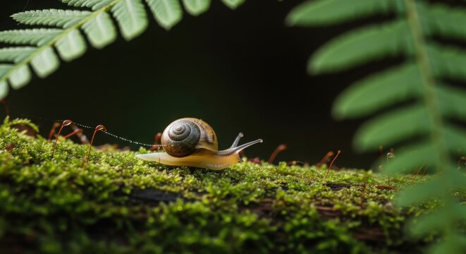 A small snail with a spiral shell crawls slowly across a mosscovered surface in a forest - Powered by Adobe