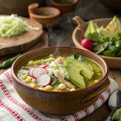Authentic Mexican Pozole Verde Soup with Fresh Toppings.