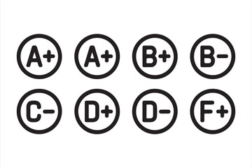 Set of School Evaluation Icons - A+, B+, C-, D+, F+ Grading Scale