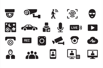 Set of Video Call, Live Stream, and Camera Icons for Security