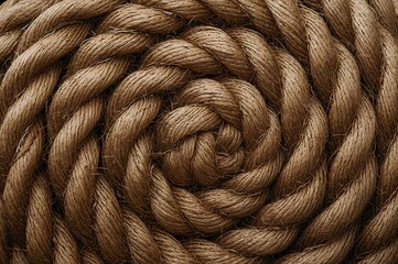 A close up shot of a tightly coiled brown rope forming a spiral pattern and textured surface view