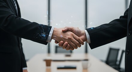 Business Handshake with Data Overlay - Agreement, Partnership, and Technology Concept