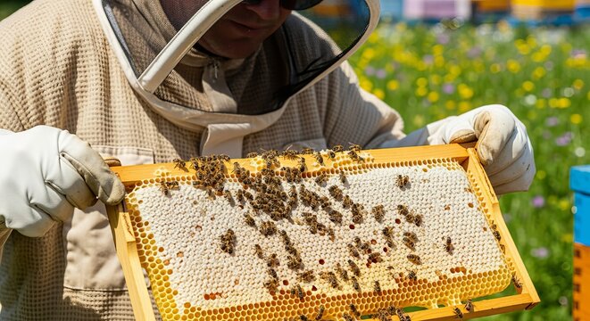 Beekeeper Inspecting Honeycomb Frame with Bees in Protective Suit for Honey Production and Apiculture in a Sunny Field