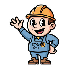 Cheerful Mechanic: A smiling mechanic mascot in a vibrant illustration waves with a welcoming gesture. The artwork features a stylized, cheerful person, complete with a hard hat, and overalls.