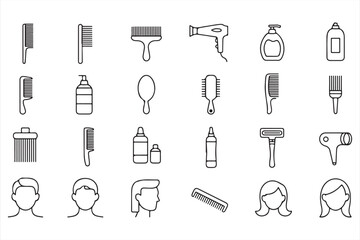 Hair Care and Styling Icons Set – Brushes, Hairdryer, and Bottles