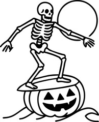  Skeleton surfing on a giant pumpkin in the moonlight line drawing vector illustration