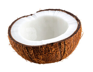 A clean, fresh coconut cut in half, isolated on a white background, perfect for themes of tropical ingredients and healthy food.