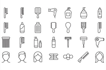 Hair Care Tools Vector Icons – Brushes, Hairdryer, and Personal Care Bottles
