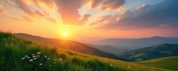 Serene landscape at sunrise, perfect for prayer or meditation; peaceful sky, gentle hills, inspiring nature scene Ideal for religious or spiritual themes , clouds, spiritual