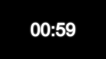 White neon digital timer displaying 00:59 on black background
