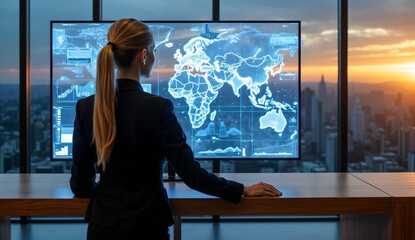 A professional stands before a large screen displaying a global map with data overlays, set against an urban sunset backdrop.