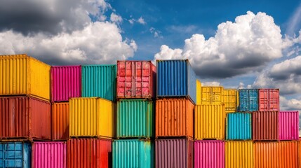 Fototapeta premium Stack of colorful shipping containers against a blue sky with fluffy white clouds
