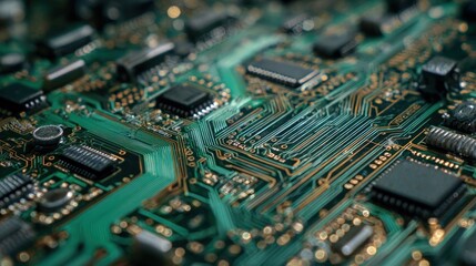 Obraz premium Intricate Circuit Board: A Close-Up View of Electronic Components and Pathways
