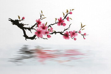 Sumi-e style ink painting of a delicate cherry blossom branch over still water, symbolizing fleeting thoughts, mindfulness, and inner calm, traditional Japanese brush strokes,sakura flowers