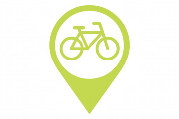 Bicycle sharing map icon featuring green bike symbol inside location marker against transparent backdrop