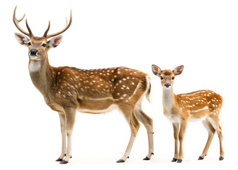 Fototapeta premium A full shot of a sika deer and fawn standing side by side on a white background in a studio setting
