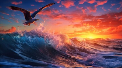Obraz premium dramatic sunset seascape, crashing waves, seagulls flying, vibrant colors, moody skies, digital art, cinematic composition, photorealistic, 8k, highly detailed 