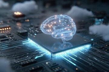 AI chip with glowing neural network.  A 3D render depicts a realistic CPU chip,  with a glowing brain graphic overlaid.  Illuminated circuits and clouds suggest cloud computing