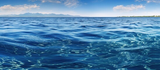 Fototapeta premium A vast, serene ocean with calm, deep blue waters stretching out to the horizon, under a bright, hazy sky with scattered wispy clouds, highly detailed, realistic, cinematic, 8k, award-winning photograp