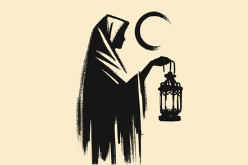 Woman holding lantern under crescent moon ink silhouette vector illustration © Victoria