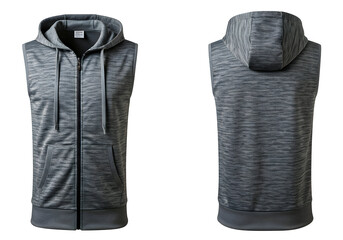 Sleek gray heathered full-zip sleeveless hoodie ideal for athletic layering or casual wear during workouts or outdoor activities offering flexible comfort and modern style
