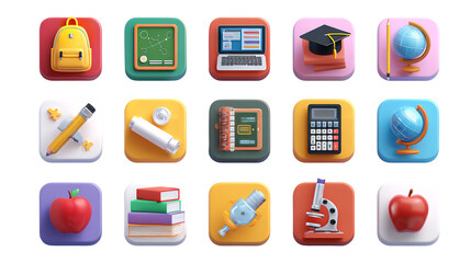 Colorful school supplies icons collection for app design on transparent background