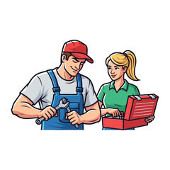 Mechanic teamwork and tools: A skilled mechanic carefully examining a wrench alongside a supportive colleague who is holding a toolbox. This image reflects on collaboration.