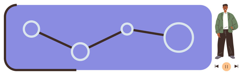 Line graph with connecting points on a purple card, person standing beside multimedia controls. Ideal for analytics, growth, presentations, learning, technology, visualization, simple flat metaphor