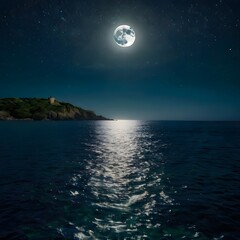 "Moonlit Blue Sea with Rocky Islands Under Starlit Sky – Tranquil Night Seascape Photography."