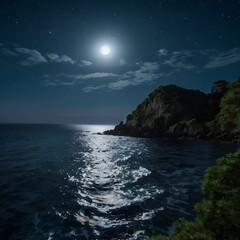 "Moonlit Blue Sea with Rocky Islands Under Starlit Sky – Tranquil Night Seascape Photography."